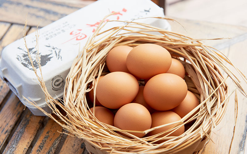 「天美卵」のパッケージときれいな卵たち