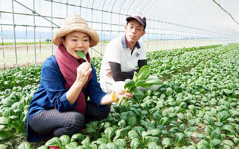 小松菜を食べてみるふじわらさん
