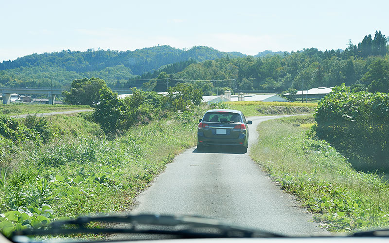 山間のどかな道を車でついて行く様子
