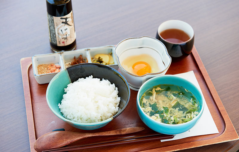 白飯・生卵・薬味・スープがトレーにのっている様子