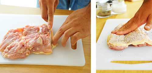 鶏肉の下準備をする堀田さん